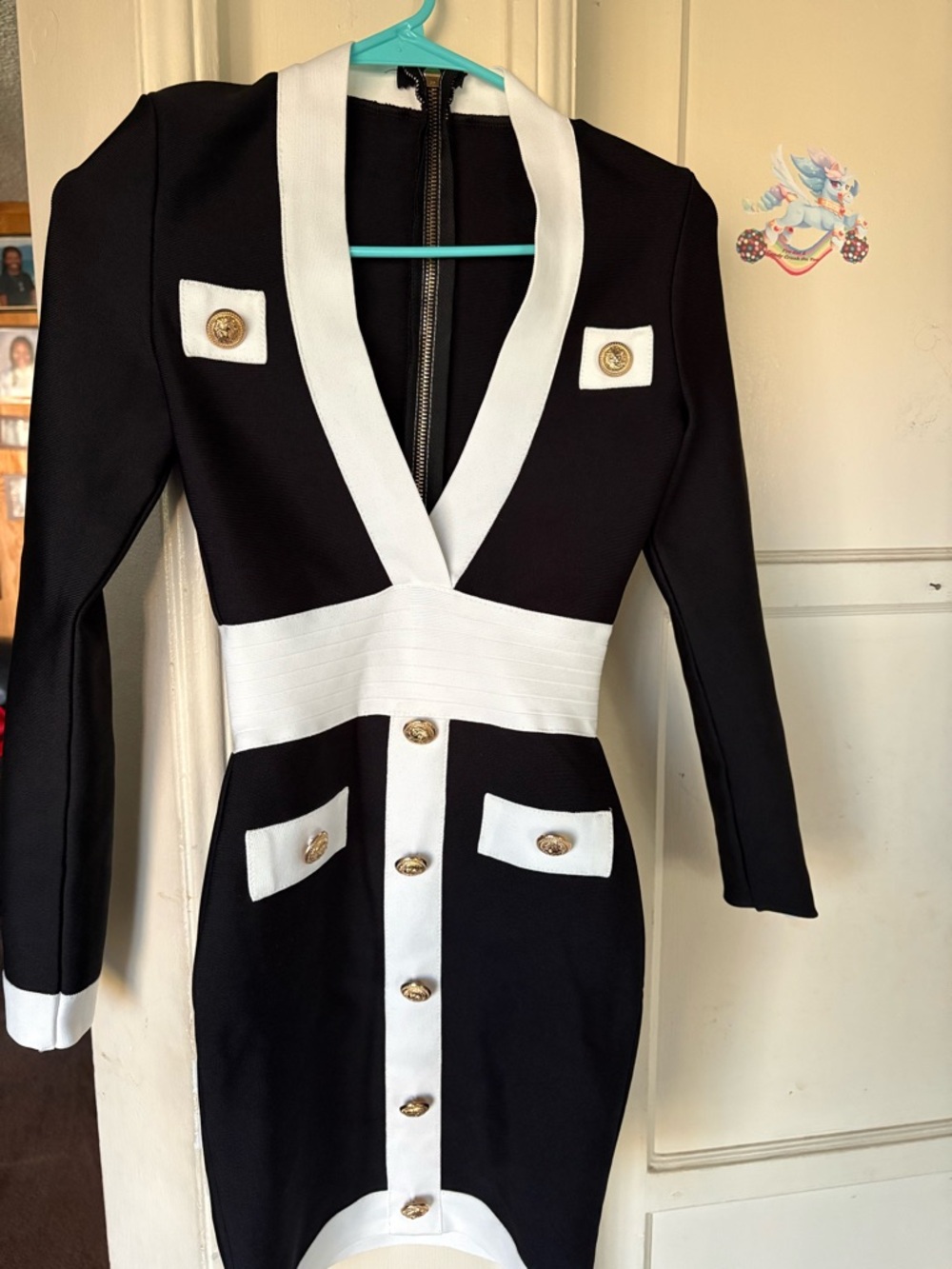 Black and White Gold-Buttoned Stretch Dress